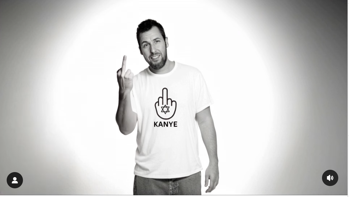 An AI-generated version of Adam Sandler appears in a celebrity-studded AI video rejecting Kanye West’s antisemitism. (Screenshot)